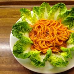 Radish - "Udon" - noodles with mango - peppers - date - sauce