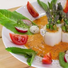 Asparagus radish towers in orange nectarine cream