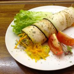 Eggplant - rolls with grated pumpkin and orange - sauce